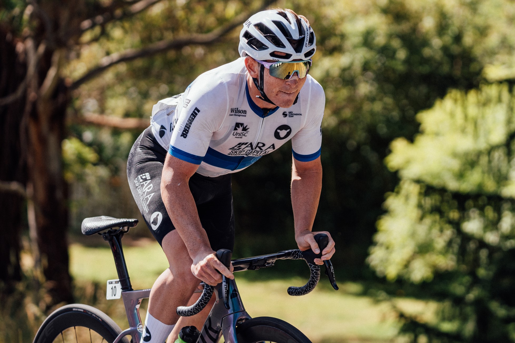 Western Australian road cyclist Brady Gilmore in the Oceania road national champion's jersey during the under-23 men's road race at the 2023 Federation University Road National Championships in Buninyong, Ballarat, Victoria. Photo by Zac Wiliams.